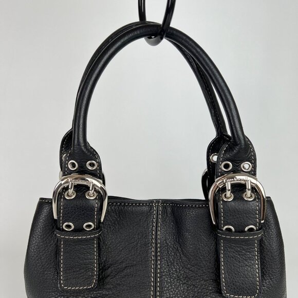 Tignanello Black Leather Purse Handbag Satchel Bucket Bag Buckle Double Handle - Picture 3 of 13